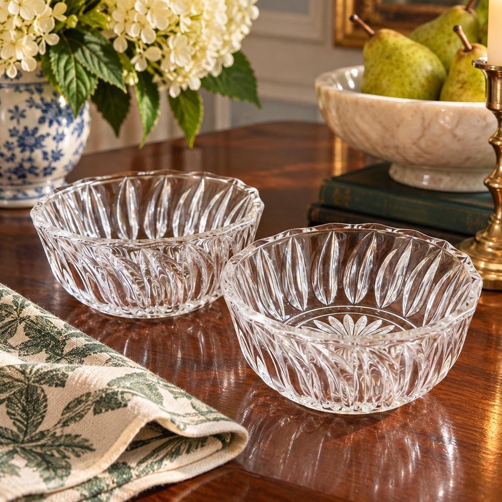 Vintage Clear Glass Berry Bowls Set of 2 Pressed Glass Dessert Bowls Starburst